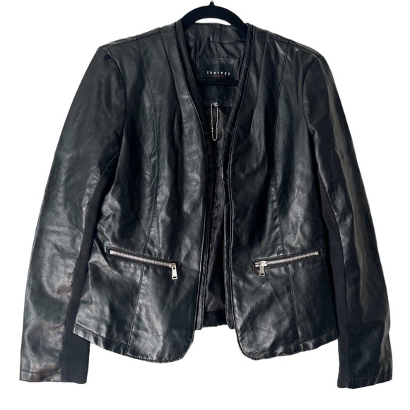 therapy Jackets & Blazers - Therapy Black Faux Leather Open Front Cropped Biker Moto Jacket Womens Sz Medium